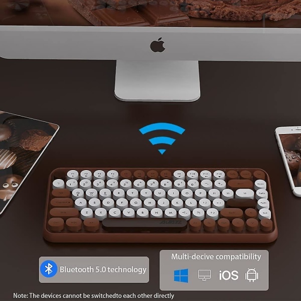 84 Tasters Bluetooth Skrivemaskintastatur med Søte Retro Runde Tastehetter, Komfortabelt Ergonomisk Trådløst Mini-tastatur for Ios Window Android (brun)