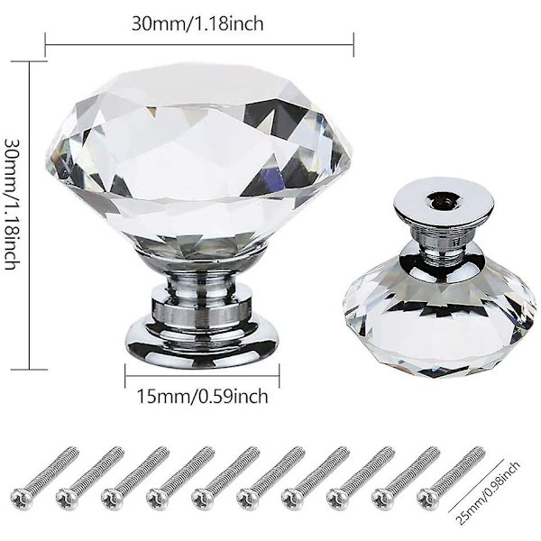 20pcs Crystal Cabinet Knobs 30mm Clear Glass Drawer Knobs Glass Diamond Cut Shape Cupboard Door Handles