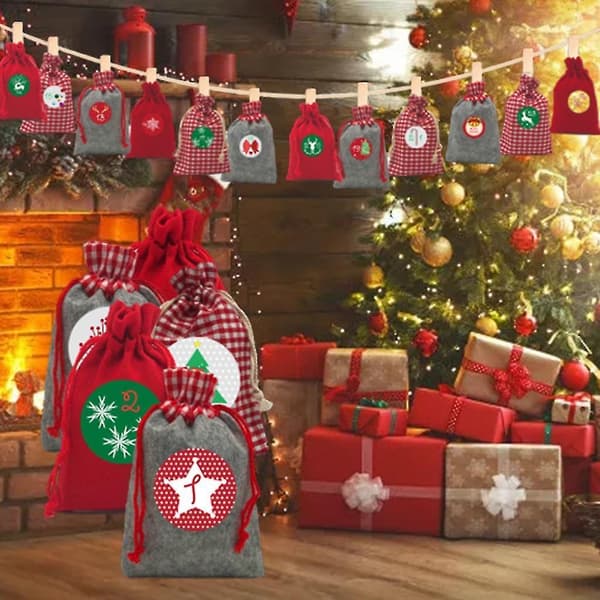 Felt Fabric Calendar Bag Set Felt Gift Drawstring Bag With Digital Stickers Christmas Advent Countdo