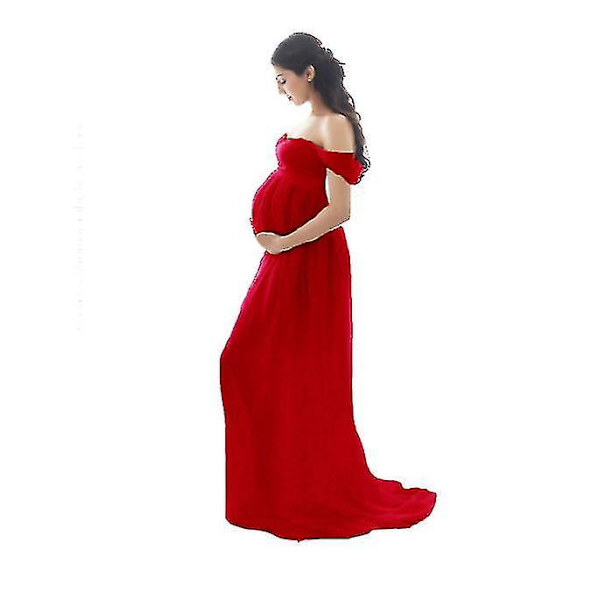 Maternity Dress For Photography Off Shoulder Chiffon Gown Split Front Maxi Pregnancy Dresses Baby Shower Dress Pregnancy Dresses For Photo Shoot Red M