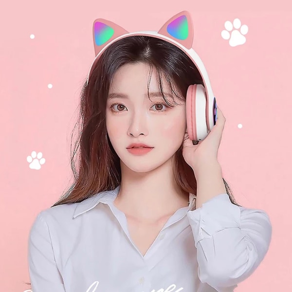 Wireless Bluetooth Headphones Cat Ear Headset With Led Light pink