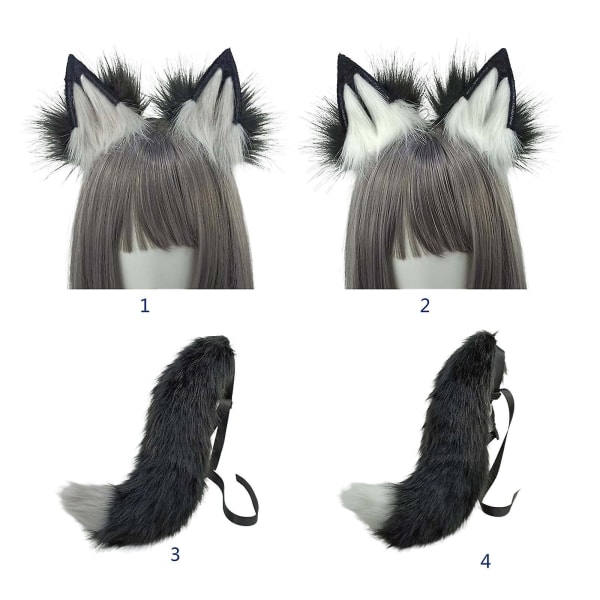 Plush Wolf Tail And Headhoop For Cosplay Halloween Party Costume For Women Black gray wolf tail