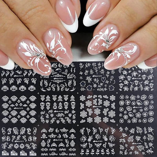 Flowers Nail Decals 3d Self adhesive White Floral Nail Art Stickers French Hollow Flower Leaf Nail Art Designs Manicure Tips Accessories Diy Nail Art