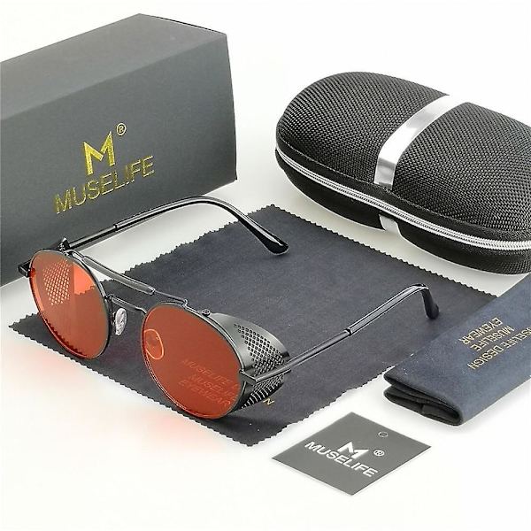 Retro Pyöreät Metalliset Aurinkolasit, Steampunk Miehet, Naiset, Lasit UV-Suoja Black-Red