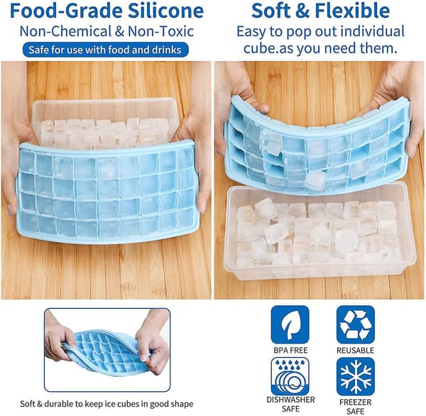 Flexible Safe Ice Cube Molds With Ice Container, Scoop And Cover(black) Blue