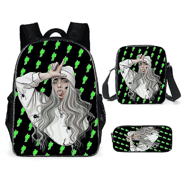 3 stk./sæt Billie Eilish Skoletaske Casual Skole Taske Polyester Rygsæk Med Penalhus Messenger Taske