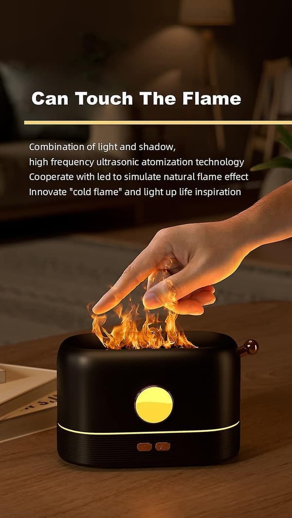 Flamme Eterisk Olje Diffusorer Aromaterapi Luftfukter 200ml Luftrensere Ultralyd Aroma Diffuser 3d Flamme Stille Tåke Vann Vaporizer svart