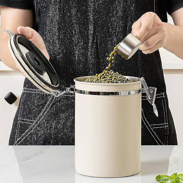 Rustfrit Stål Lufttæt Kaffebeholder Opbevaringsdåse Sæt Kaffekrukke med Ske til Kaffebønner Te 1,8l Beige