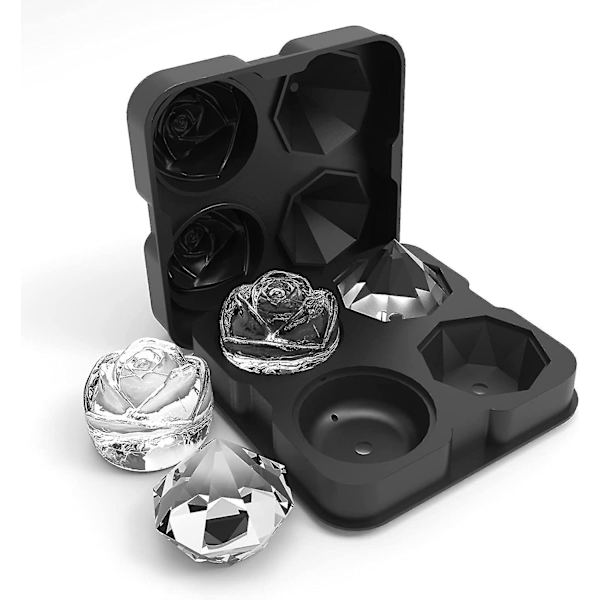 Isterningebakke, 2,5 tommer silikoneforme til isterninger, 2 hulrum Rose & 2 Diamant Isboldmaskine Black