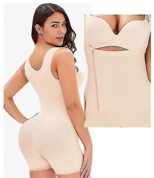 Helkropsdragt efter operation med ærmer, shapewear-korset til taljetræning og slankende effekt Beige L