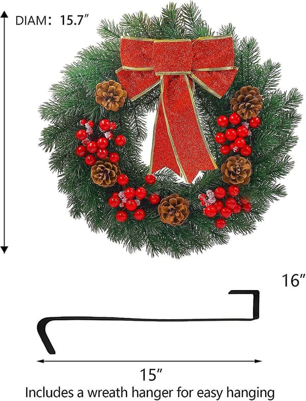Forhåndsbelyst kunstig julekrans, 40 LED 40 cm Granbar Bær Konglekrans