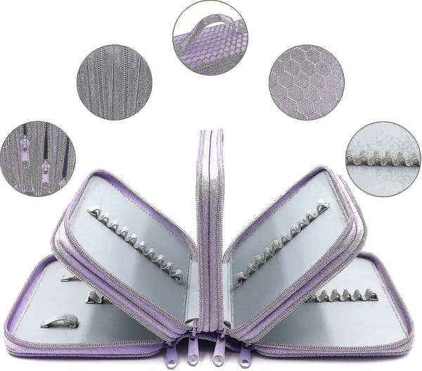 72 Slots 4-layer Zipper Pencil Case With Handle Strap, Oxford Fabric Purple