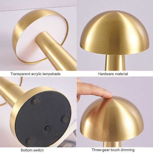 Rechargeable Led Table Lamp Touch Sensor Desk Light Bedroom Restaurant Bar Decor Gold Mushroom