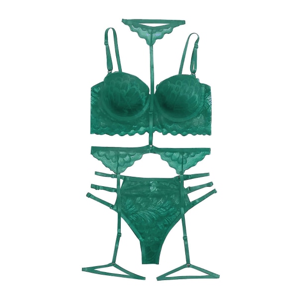 Naisten seksikäs yksivärinen Bralette-pikkuhousut Olkaimellinen pitsikirjailtu alusvaatesetti Green XXL