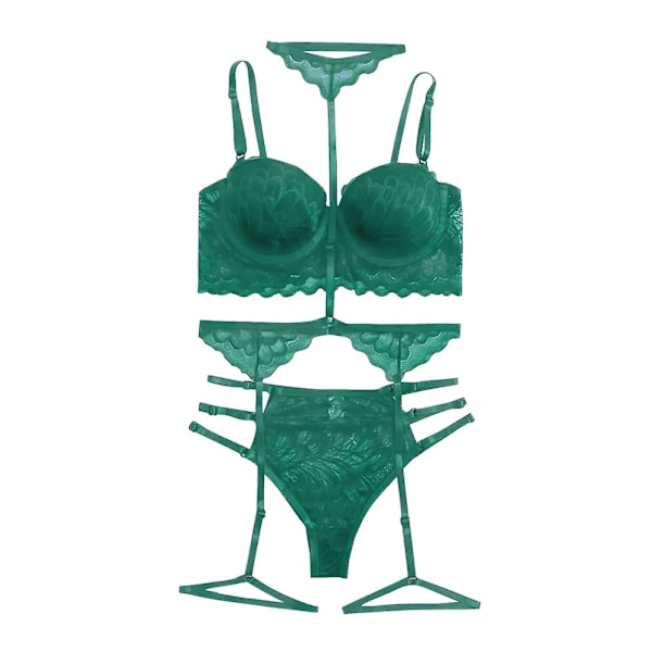 Women Sexy Solid Color Bralette Panty Strappy Lace Embroidery Lingerie Set Green XXL