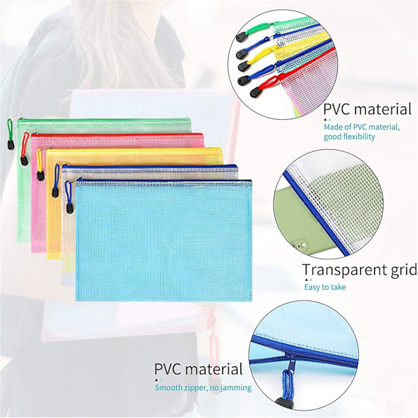 15 Pieces Document Pocket A3 + A4 + A5, File Pockets With Zipper, Mesh Plastic