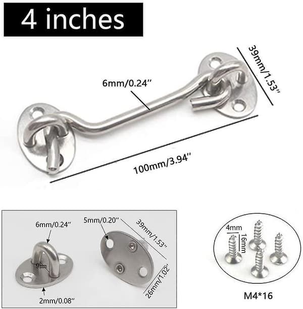 2 Pcs Gate Hook, Stainless Steel Cabin Hook and Eye Latch Lock for Shed Door Window, 4in