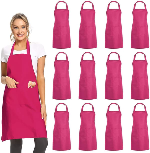 12 Pack Plain Bib Aprons With 2 Pockets - Pink Unisex Commercial Apron Bulk For Kitchen Cooking Restaurant Bbq Painting Crafting
