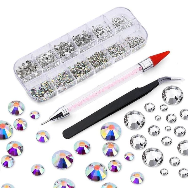 2000pcs Multi-sized Crystal Ab Rhinestones With Pick Up Tweezer And Rhinestones Picking Pen