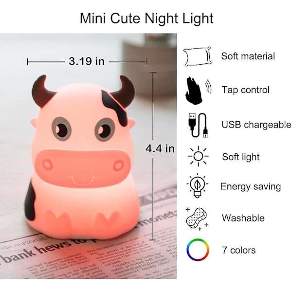 Cow Night Light For Kids Portable Tap Control Rechargeable Nightlight With 7 Light Changes