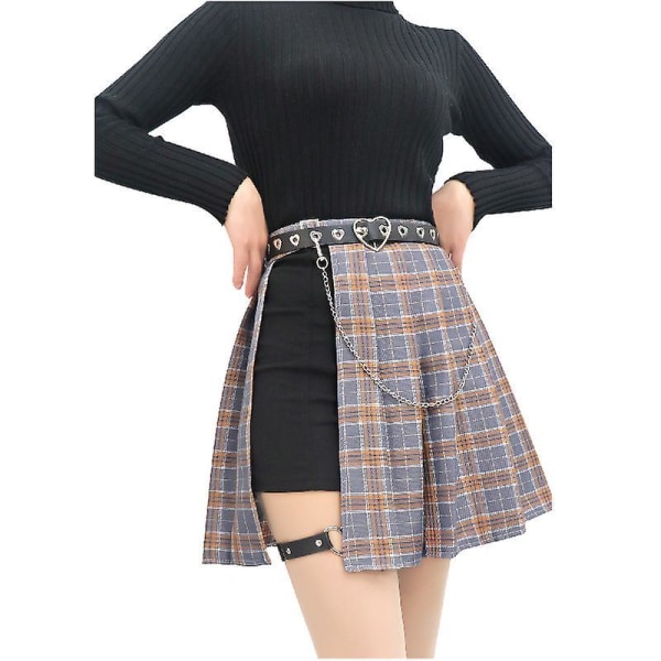 Xs-xxl Women's Punk Skirt Summer High Waist Plaid Pleated Skort Asymmetrical Skirt Waist Chain Belt Gothic Rock With Thigh Ring Pink Plaid L