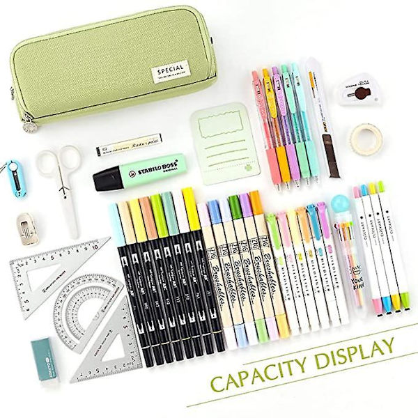 Large Pencil Case Big Capacity 3 Compartments Canvas Pencil Pouch For Students green