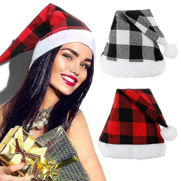 2pcs Adult Christmas Hat Black Red Plaid Hat Single Layer Plush Hat