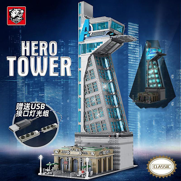 Nye 5883 stk. Hero Tower Model Byggeklodser Jern Tårn Mand Base Byggesten Varm Kilde Hus Med LED Lys Børnelegetøj Fødselsdagsgave Ingen Æske