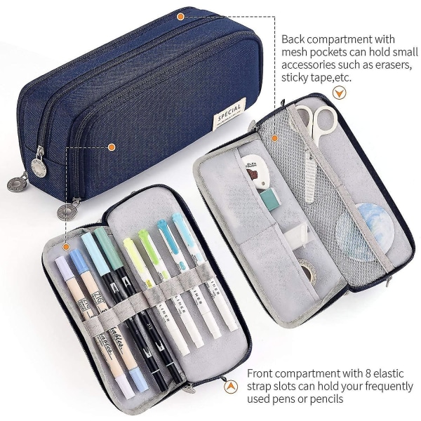 Large Capacity Pencil Case 3 Compartment Pouch Pen Bag For School Teen Girl Boy Men Women (navy)