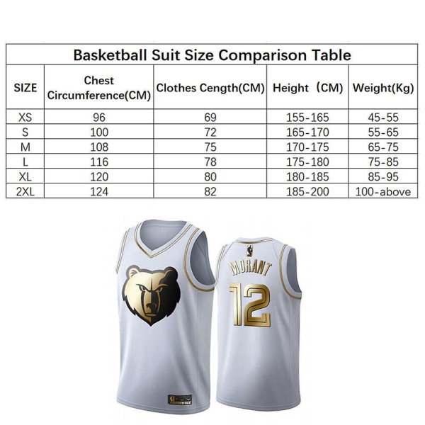 Ja Morant #12 Basketball Jersey Grizzlies 12 Platinum Edition Jersey Aldult Sport Uniform M(170-175CM)