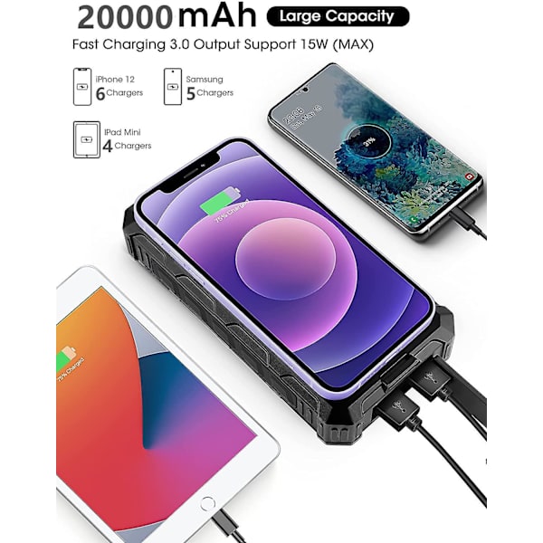 Solar Power Bank Camping Lantern Wireless Charger Portable High Capacity Ip6 Waterproof Emergency Power Supply black
