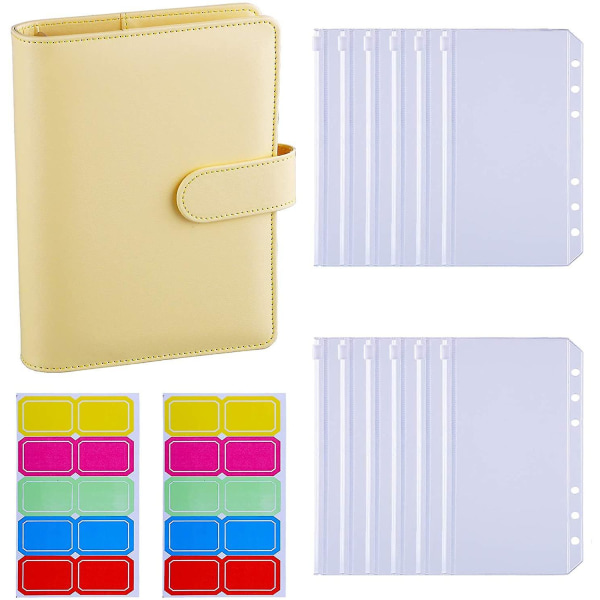 12pcs A6 Binder Pockets Loose Leaf Bags 6 Ring Binder Cash Budget Envelopes System, A6 Pu Leather Binder Set Yellow