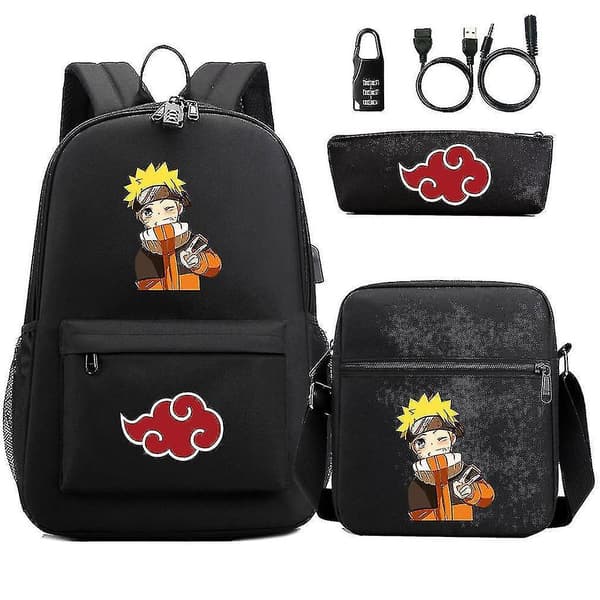 3pcs/set Naruto Anime School Backpack Usb Oxford Satchel Messenger Bag Pencil Bag