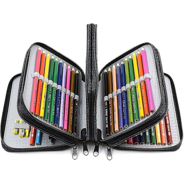 72 Slots 4-layer Zipper Pencil Case With Handle Strap, Oxford Fabric grey