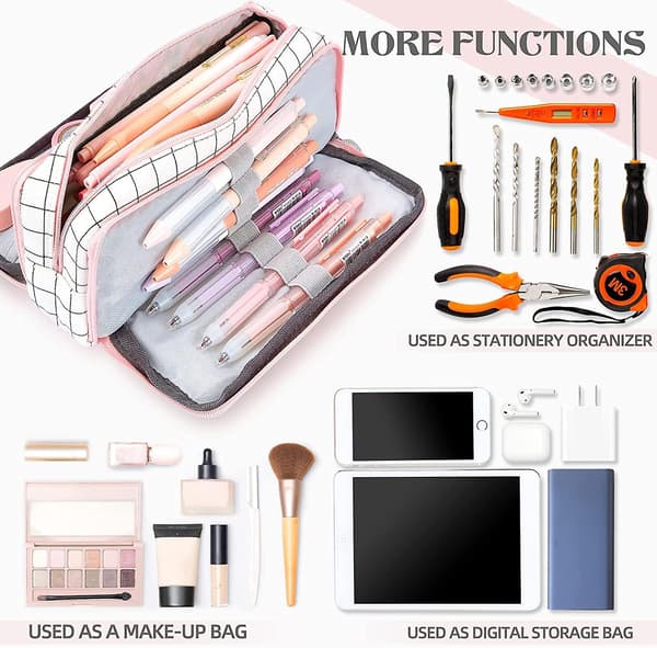 Large Pencil Case, Large Capacity Pencil Case With 3 Compartments, Makeup Bag Portable Office Statio