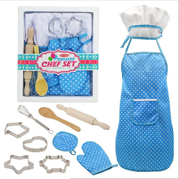 Childrens Apron With Chefs Hat, 11-piece Cooking Set, Toddler Apron, Chefs Kitchen Baking Tools, Christmas Gifts That Children Love blue