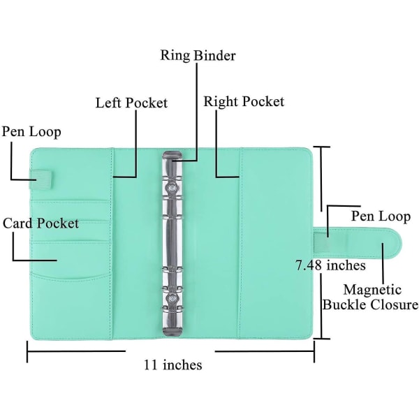 12 stk. A6 Binder Lommer Løse Ark Poser 6 Ring Binder Kontant Budget Kuverter System, A6 Pu Læder Binder Sæt Green