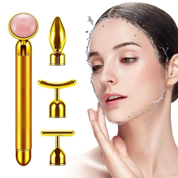 4 In 1 Vibrating Rose Quartz Roller Face Roller Eye Massager Jade Roller T/v Shaped Face Lifting Slimming Beauty Bar Massager Gold