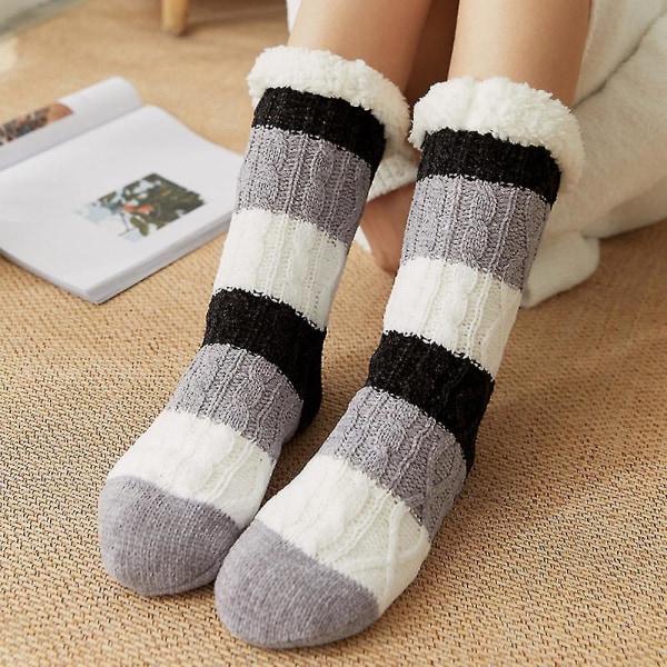 women Winter Sleeping Floor Socks Snow Thick Slipper Carpet Anti-slip Fleece Sock Black And White