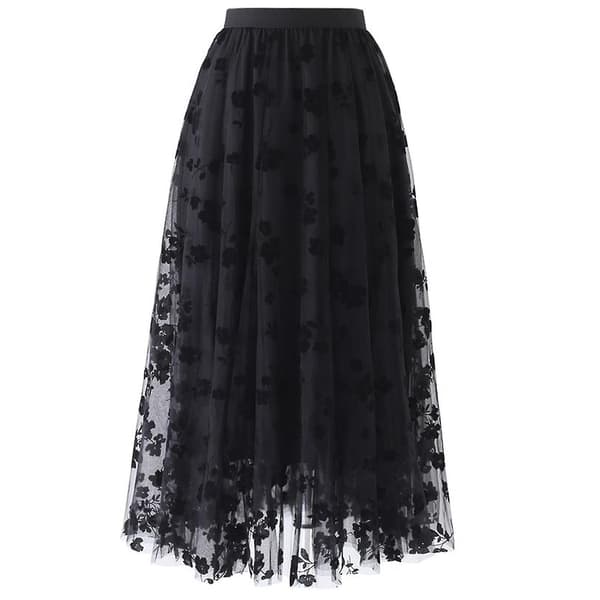 Dame Forår Sommer Elastisk Høj Talje Lang Mesh Nederdel Dame Plisseret Black M