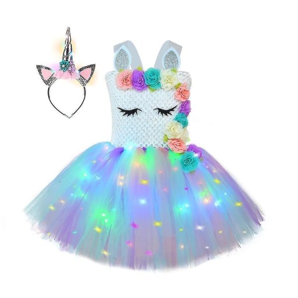 Princess Tutu Led Unicorn Dress With 12pcs Flowers Light Up Costumes White L(5-6Y)