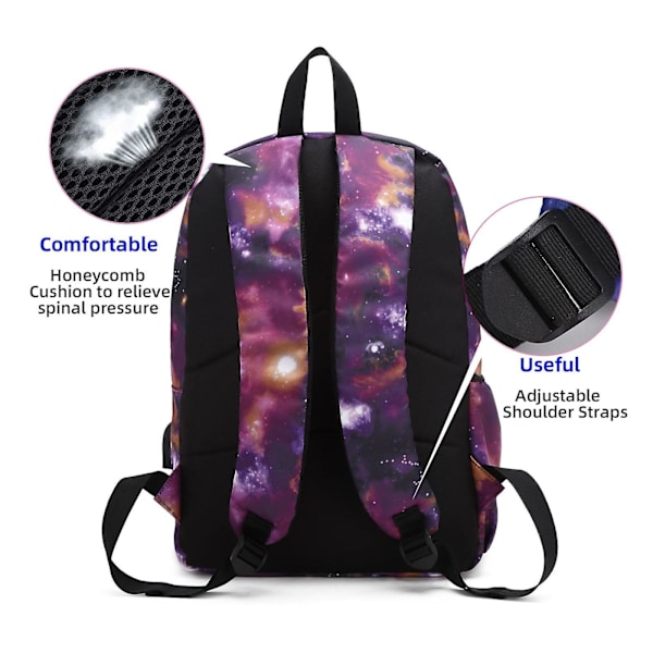 Galaxy-reppu kouluun, yliopistoon, kannettavalle tietokoneelle, USB-latausportilla, teineille Purple
