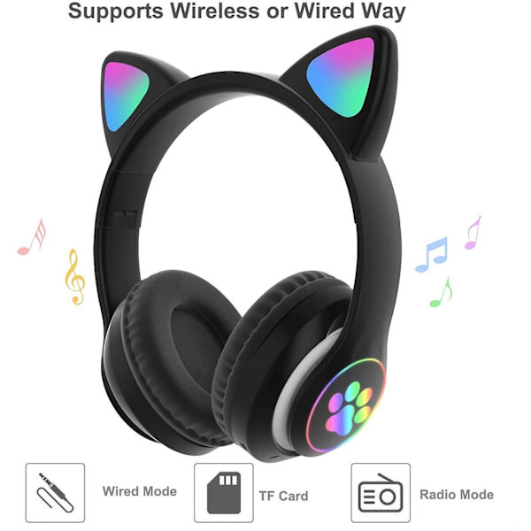Bluetooth 5.0 Børne Katteøre LED Lysende Trådløse Hovedtelefoner Støjreducerende Headset Sort