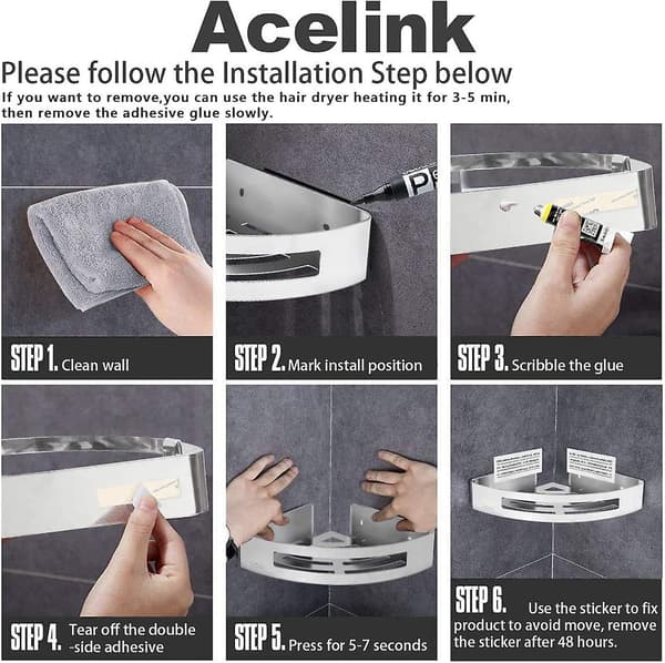 Shower Corner Shelf, Corner Shelf With Hooks 2-pack, Self-adhesive Glue, Stainless Steel