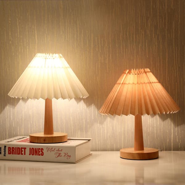 Retro Pleated Remote Control Night Light Umbrella Bedside Lamp Touch Dimming Desk Lamp Beige