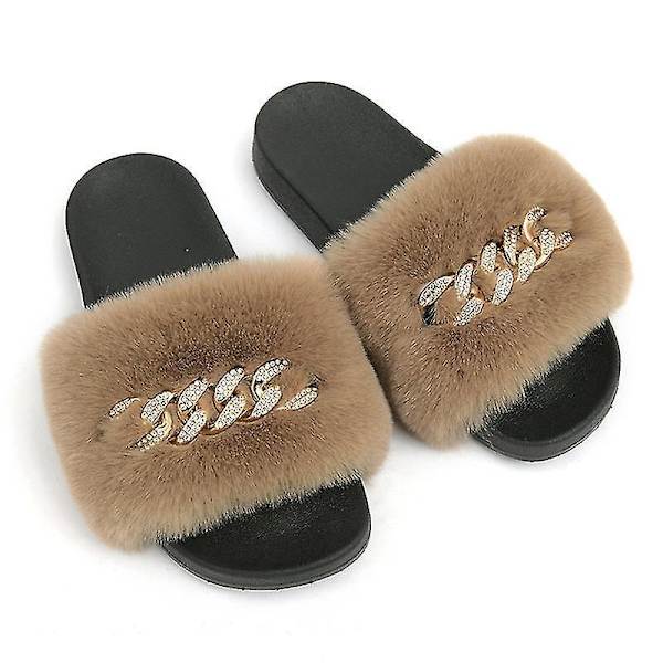 Bløde Faux Fur Slippers til Kvinder Behagelige Åben Tå Sandaler Med Fle KHAKI 38
