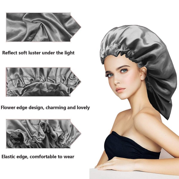 3 Pack Satin Silk Bonnet Sleep Cap Extra Large Jumbo Day And Night Cap Gray