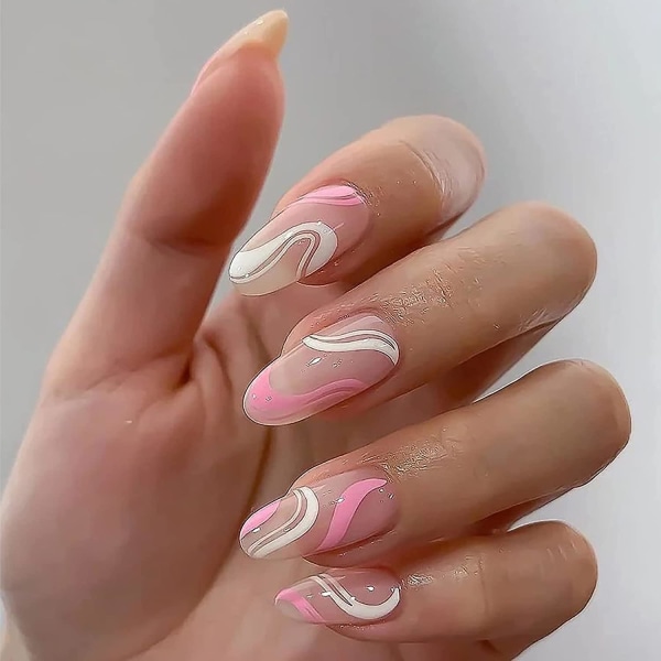 24 Pcs  Press On Nails, Medium Coffin Fake Nails, False Nails With Glue For Women And Girls Glossy Pink