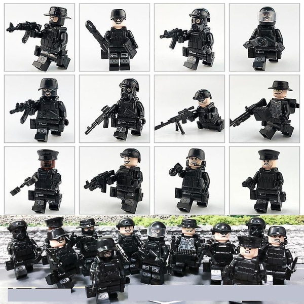 12 stk. Sort Swat Politi Minifigur Byggeklods Tilbehør Militær Legetøj