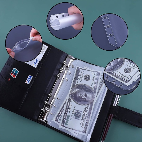 12 stk. A6 Binder Lommer Løse Ark Poser 6 Ring Binder Kontant Budget Kuverter System, A6 Pu Læder Binder Sæt Black